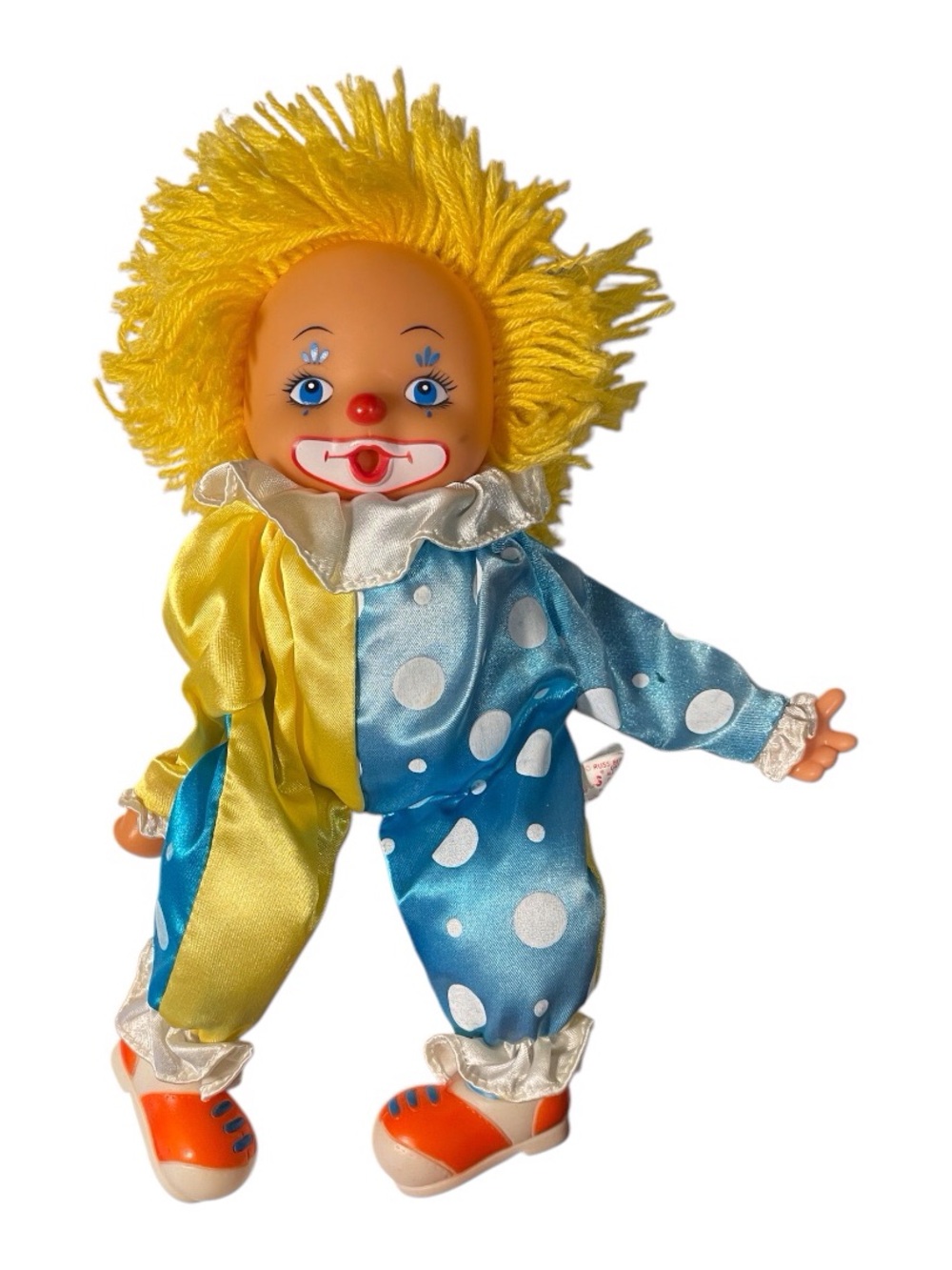 Russ Vintage Plastic Fabric Multicolor Clown Doll Boy, 10in. B1